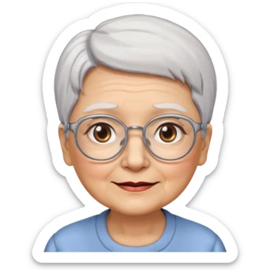 Create me emoji of an old lady. Short white hair to left side. Square glasses. Brown eyes. Rounded really big and really wide face. Wide nose.  sticker
