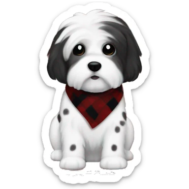 white dog with black spots havanese dog with red and black plaid sweater Boy sticker