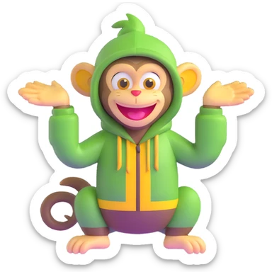 Cute 3D green monkey with big yellow ears, dark hood, and a happy face. Arms open wide, always smiling and full of energy. Friendly, fun, and curious — perfect for preschool kids. sticker
