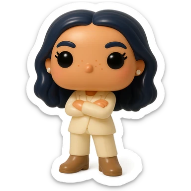 Enhance the vinyl figure in Funko Pop style with superior quality, luminous smooth tanned skin, detailed dark hair, textured feminine cream suit (jacket and pants), small pearly earrings, greige leather boots clearly visible, arms crossed, rosy cheeks, very discreet freckles, eyelashes, mischievous and cheerful expression, no mouth, transparent background. sticker