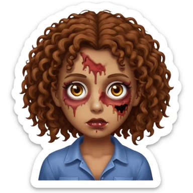 Una chica zombie con cabello rizado café y ojos cafés con un lunar debajo de el ojo izquierdo  sticker