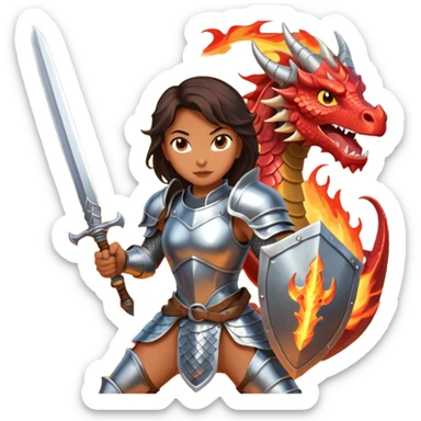 Fierce Latina in armor with a sword in a losing battle with a dragon sticker