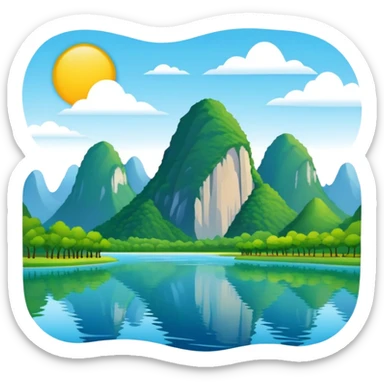 Li River karst mountains Guilin, simplified emoji style with bold outlines and bright colors, cartoon style mountains with river sticker