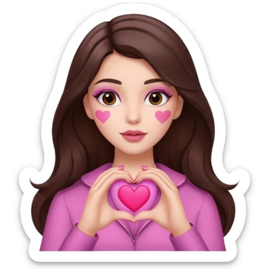 Pink and brown emoji, love emoji inspired with brunette hair, brown eyes, long hair, heart shape lips and pink make up making a heart with her hands and pink nails, mauve pink blush sticker