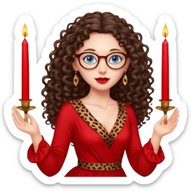 a blue eyed woman with very long brunette curly hair, full lips,and really pale skin. She is wearing a leopard printed thin round-ish glasses . She is wearing fully plain silky red dress. She is flying on the air. There are red candles in her hands. She is making a magic. sticker