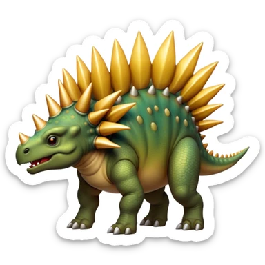 Cinematic Noble Stegosaurus Portrait Emoji, Poised and dignified, with a sturdy, low-slung body adorned by a distinctive row of bony plates along its back and a spiked tail, a small, determined head with observant eyes, Simplified yet sharply defined features, highly detailed, glowing with a soft, earthy radiance, high shine, intelligent and resolute, stylized with an air of ancient armored majesty, focused and alert, soft glowing outline, capturing the essence of a watchful and confident Stegosaurus that appears ready to lumber out of the screen with effortless authority! sticker