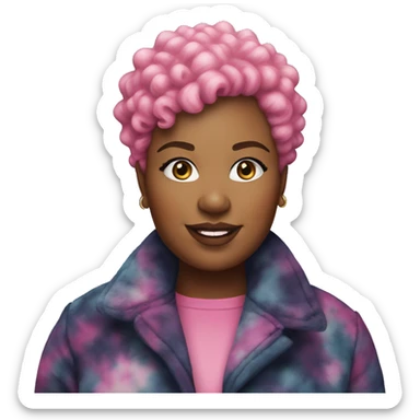 Plus size black woman with pink curly pixie cut hair and a tie dye winter coat  sticker
