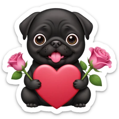black pug holding valentine’s day card and flowers sticker