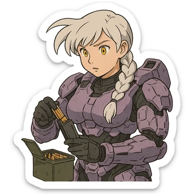 female, wearing reach spartan armor default, long white braid hair with massive messy front side single bangs, gold yellow eyes, attention pose, HALO:series, no helmet, the armor is lavender color scheme, shoulder pad off. DDD bust size fitting. Punk gothic cyberpunk, loading a magazine from a green ammo box sticker
