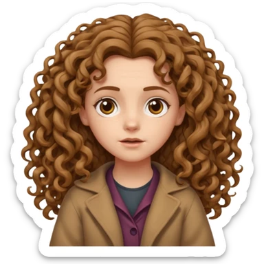 hermione shrugging, long light brown very curly voluminous hair, reaching below the shoulders, thick and full curls, messy natural texture, cartoon emoji style. sticker