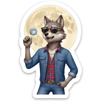 friendly anthropomorphised wolf in jeans and plaid shirt, wearing dark sunglasses, howling with the moon in the background, upright pose sticker
