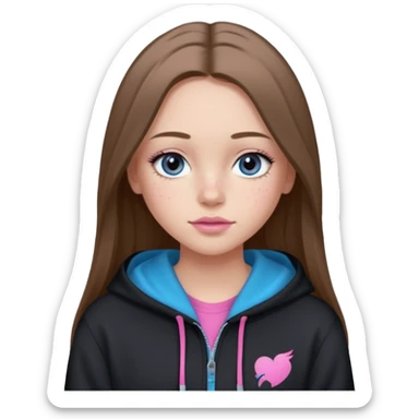 Create a TEENAGE girl with LONG and straight light brunette hair with a middle part, light skin, light freckles, and blue-gray eyes. She will have pink lips and LONG eyelashes. She will be wearing a black hoodie sticker