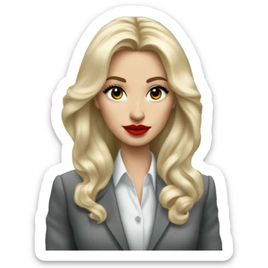 Russian Blonde long hair with red lips small nose and black eyes Tiffany diamond seller in a grey suit sticker