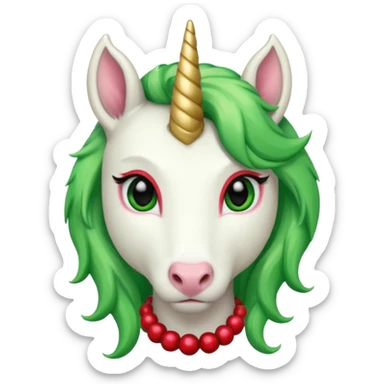 white furred unicorn with green hair and big red earrings looking into camera and big horn sticker