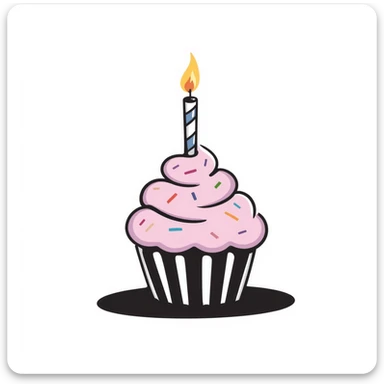 A single decorated birthday cupcake with swirled frosting, colorful sprinkles, and a lit candle on top. Using pastel colors (pink, light blue, lavender, peach). Hand-drawn doodle style with festive details. Cute celebratory design. sticker