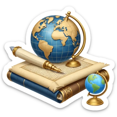 An icon featuring an ancient scroll, a quill pen, and a globe, symbolizing the study of history. The design includes a timeline with significant historical events, with ruins in the background to evoke past civilizations. Transparent background emphasizes the exploration of human history sticker
