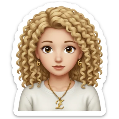 a dirty blonde girl with brown eyes and make her wearing a white sweater and a necklace with I intial with curly hair and white skin color, long hair and big lashes sticker