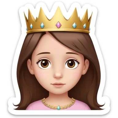 girl with straight long brown hair, brown eyes, baby pink top, gold crown on her head, small birthmark next to her nose on the left, birthday vibe sticker