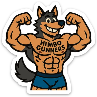 extremely muscular wolf furry, shirtless, 'Himbo Gunners' tattooed across his chest, flexing pose, big friendly grin sticker