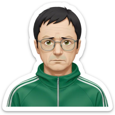 Park Ju-un is a middle-aged man, around 45 years old, green tracksuit, with tired eyes that carry the weight of a lifetime of struggles. His thin-framed glasses sit slightly crooked on his nose, one lens showing a faint crack from an earlier scuffle. His black hair, streaked with strands of gray, is unkempt and damp with sweat.

His face is gaunt, with deep wrinkles lining his forehead and around his mouth, evidence of years of stress and hardship. He wears the standard green Squid Game tracksuit (#369), but his jacket is slightly loose on his thin frame, and the collar is stained with sweat. His hands, slightly calloused from years of office work, tremble as he grips the small needle. sticker