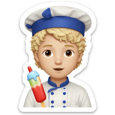 boy blonde curly hair, chef, eating ice pop sticker