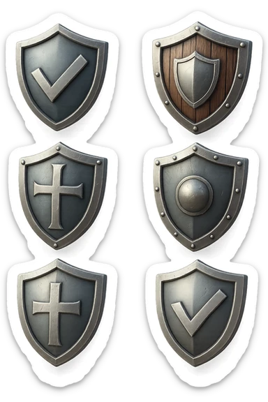 6 scudi 3d che simboleggiano "difesa e protezione", realistici in 3d fluttuano in aria, iperrealistico 4k sticker