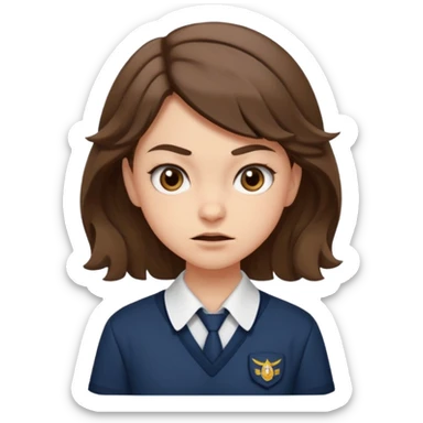 Niña adolescente con expresión maliciosa, media sonrisa torcida y ceja levantada, mirada burlona y desafiante. Pelo corto, ondulado, color castaño,  con actitud rebelde , uniforme escolar sticker