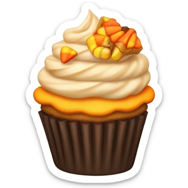 A cupcake decorated with tiny candy corn, autumn leaves, and a swirl of orange frosting. sticker