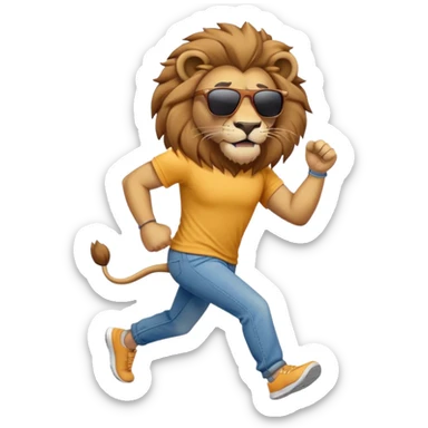 friendly anthropomorphised lion in jeans and a t-shirt, wearing dark sunglasses, jogging upright in standard pose sticker