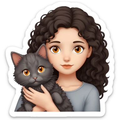 Girl with long medium curly dark brown hair holding cute grey fluffy cat with orange eyes and downturned ears sticker