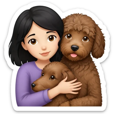 One girl with medium long black hair, hugging One little brown coated labradoodle. sticker