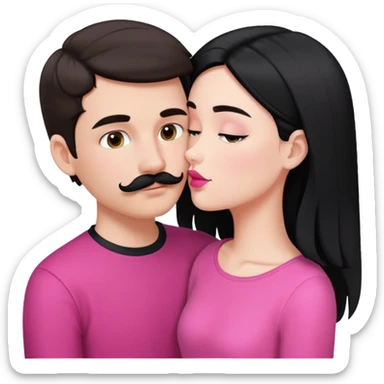 Brunette boy with short hair and black mustache wearing black clothes, kissing white girl with long black hair wearing pink clothes sticker