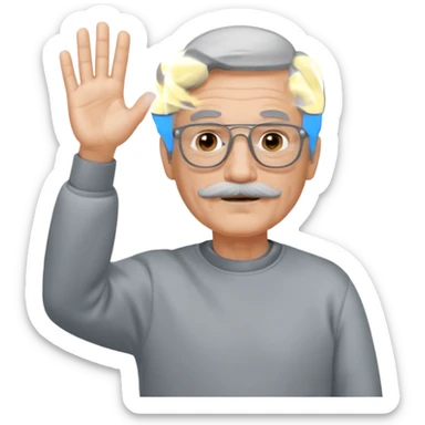 60 yr man partial gray hair parted in center, mustache, light glasses, sweatshirt waving hello sticker