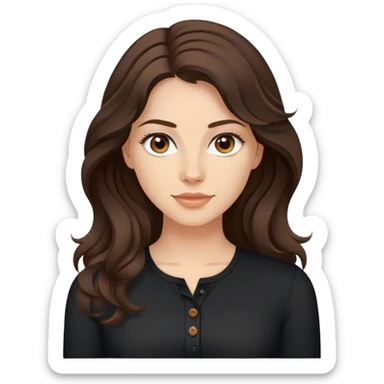27 year old Caucasian woman with fair skin, brown eyes, long wavy dark brown hair, wearing a black top with a button sticker
