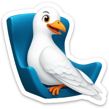 Create for twitch a comic style animated white dove with orange mouth sitting and laughing on a blue chair hitting its knee. Transparent background  sticker