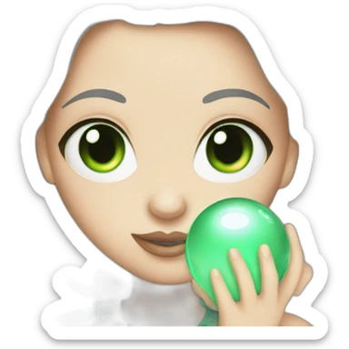 white girl with green eyes, holding a crystal ball sticker