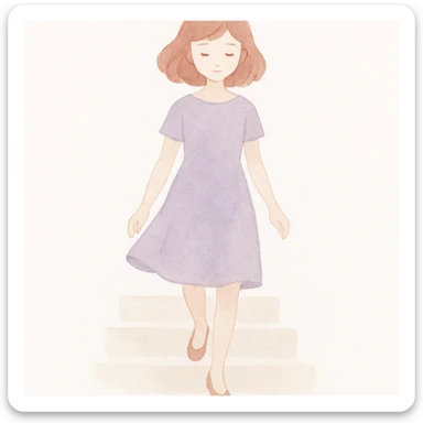 Illustrate a girl in a purple dress stepping down the stairs, viewed from the front. Maintain a soft watercolor illustration style with pastel colors, delicate linework, a gentle, whimsical mood, and minimal, soft shading. sticker