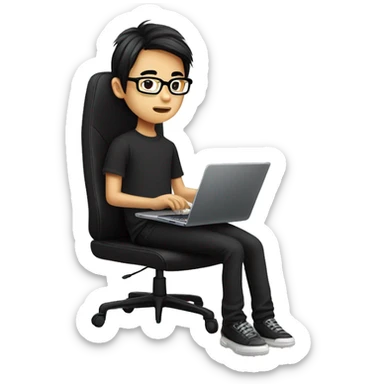 asian boy with glasses, long long straight hair, wearing black clothes , working on his laptop seating on a gaming chair sticker