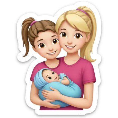 Teenage girl with ponytail embracing a baby and her little sister, loving family sticker