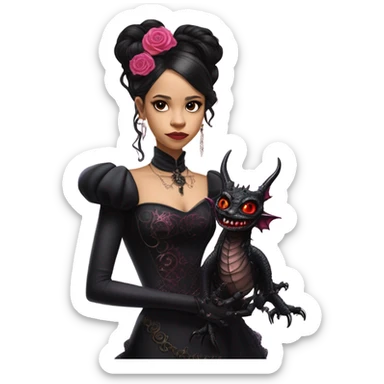 Lavish black evening gown with see-through gloves, Jenna Ortega as Addams woman wearing a steampunk mini tiara, very large blood pink evil-looking horned old dragon sticker