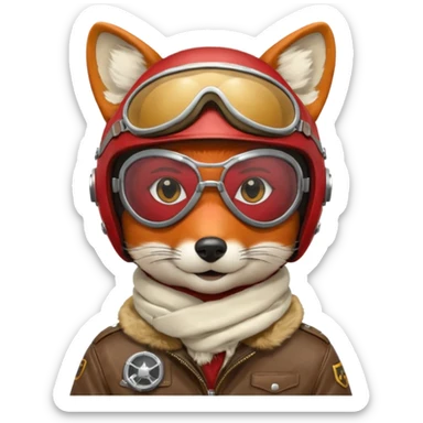 renard aviateur, casque en cuir, écharpe blanche, lunettes "climax" sur le casque au dessus des yeux, blouson aviateur, pas de double lunettes sticker
