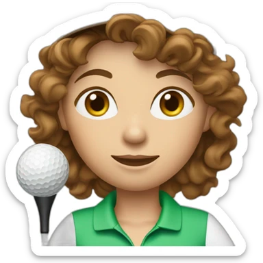female with brown wavy hair dressed in golfwear with golf club and golf ball sticker