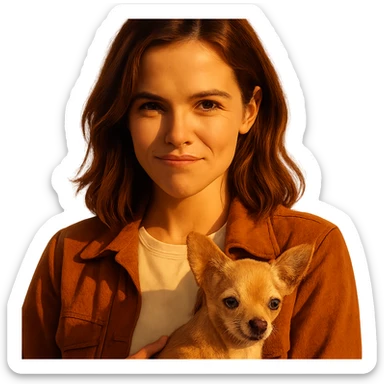 portrait centered of a woman inspired by Zoe Deutch's face, tanned skin, subtle freckles, playful and determined expression, medium-length brown hair with auburn highlights, wearing a shirt color #FFF8CA and a rust-colored jacket, holding a beige-brown chihuahua, golden hour lighting effect, transparent background, Netflix series style sticker