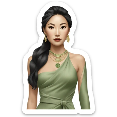 Aesthetic rich Asian woman in sage green Versace dress and Cartier jewelleries sticker