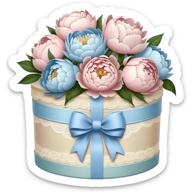 A vintage hatbox, wrapped in an ivory lace bow, holds a carefully arranged selection of blush-white and pale blue peonies, their petals unfurling like whispered secrets. A wide, pearl-adorned ribbon encircles the arrangement, its elegant bow tied with effortless grace. The edges of the ribbon flutter gently as a soft breeze drifts through the open window, carrying the delicate fragrance of fresh blooms into the air.

 sticker