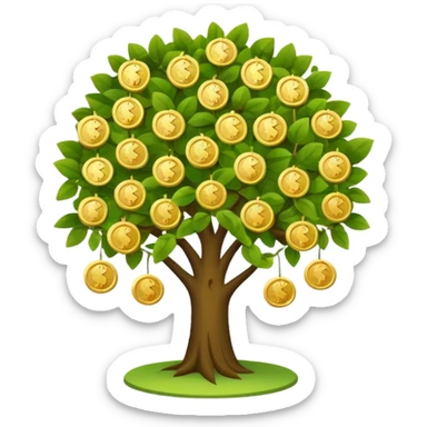 Apple-style money tree (not so mush coins), round soft green canopy.
No pot, no ground — only the tree.
Small gold coins as fruits inside the leaves (not below).
Flat 2D vector, clean shapes, no gradients.
Dark near-black background, premium fintech icon. sticker