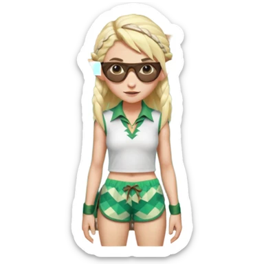elf female legolas portrait, patterned board shorts (geometric/abstract), unique wooden-framed sunglasses, undercut hairstyle, slight smirk, visible pointy ears, no background, centered emoji, hipster summer vibe coctails  sticker
