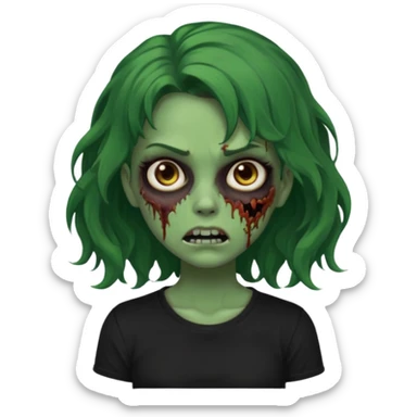 crie um emoji de uma garota zoombie pele verde e cabelo castanho, assustadora e fofa com cabelo ondulado 2b e camiseta básica preta sticker