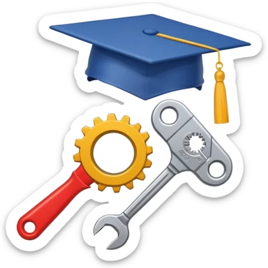A flat-style illustration of a gear, wrench, and graduation cap arranged together to represent trade school education. Minimal, cartoon style, white background, iOS emoji aesthetic. sticker