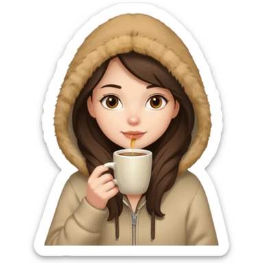 a brunette girl sitting cozily in a beige fur hoodie sipping coffee sticker